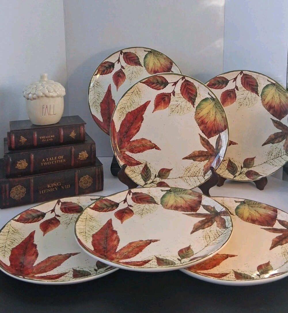 Pier 1 Imports Ironstone Dinner Plates: 'Asheville' Leaf/Fall Pattern; 6 PC Set!